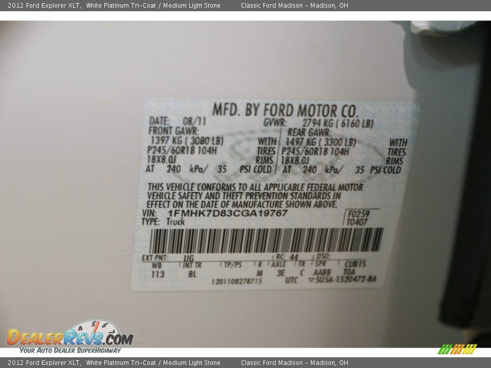2012 Ford Explorer XLT White Platinum Tri-Coat / Medium Light Stone Photo #21