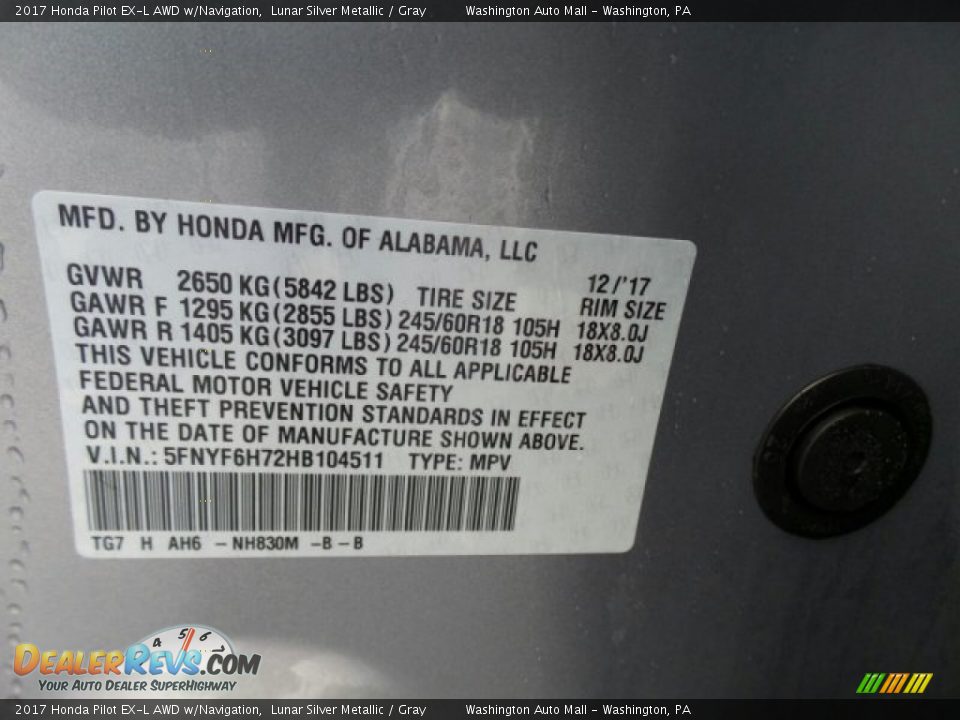 2017 Honda Pilot EX-L AWD w/Navigation Lunar Silver Metallic / Gray Photo #8