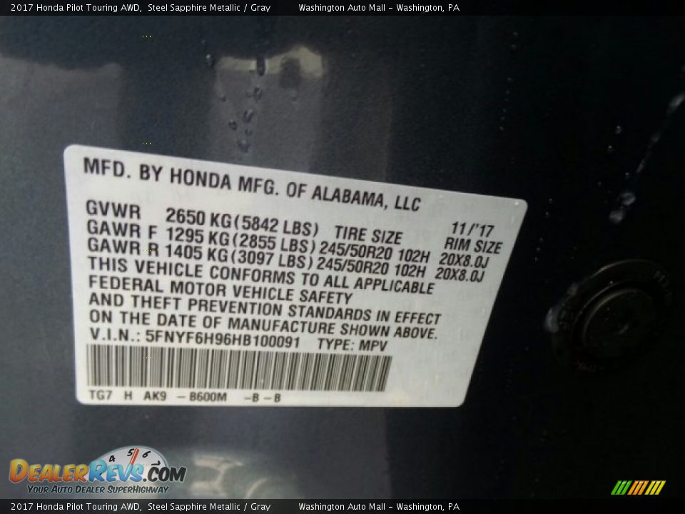2017 Honda Pilot Touring AWD Steel Sapphire Metallic / Gray Photo #8