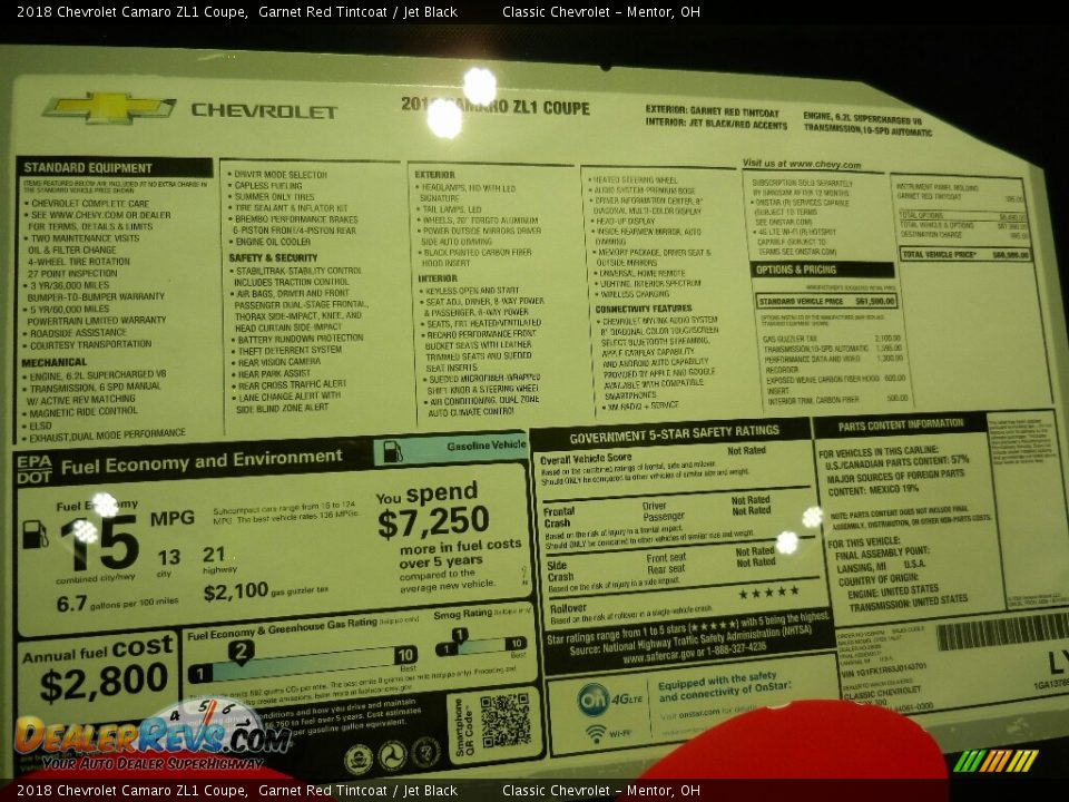 2018 Chevrolet Camaro ZL1 Coupe Window Sticker Photo #8