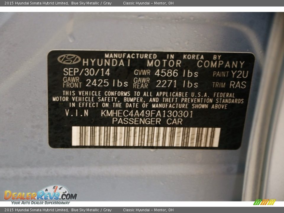 2015 Hyundai Sonata Hybrid Limited Blue Sky Metallic / Gray Photo #23