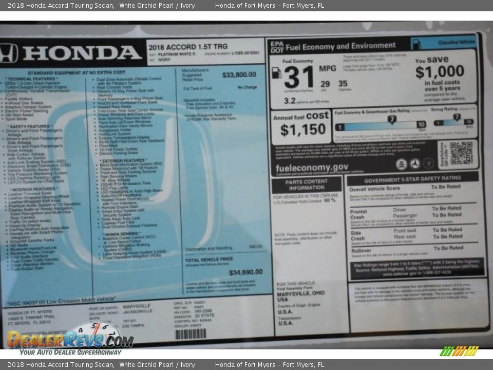 2018 Honda Accord Touring Sedan White Orchid Pearl / Ivory Photo #28