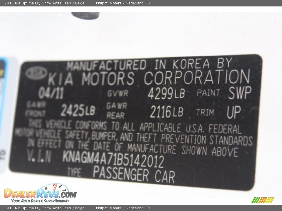2011 Kia Optima LX Snow White Pearl / Beige Photo #34