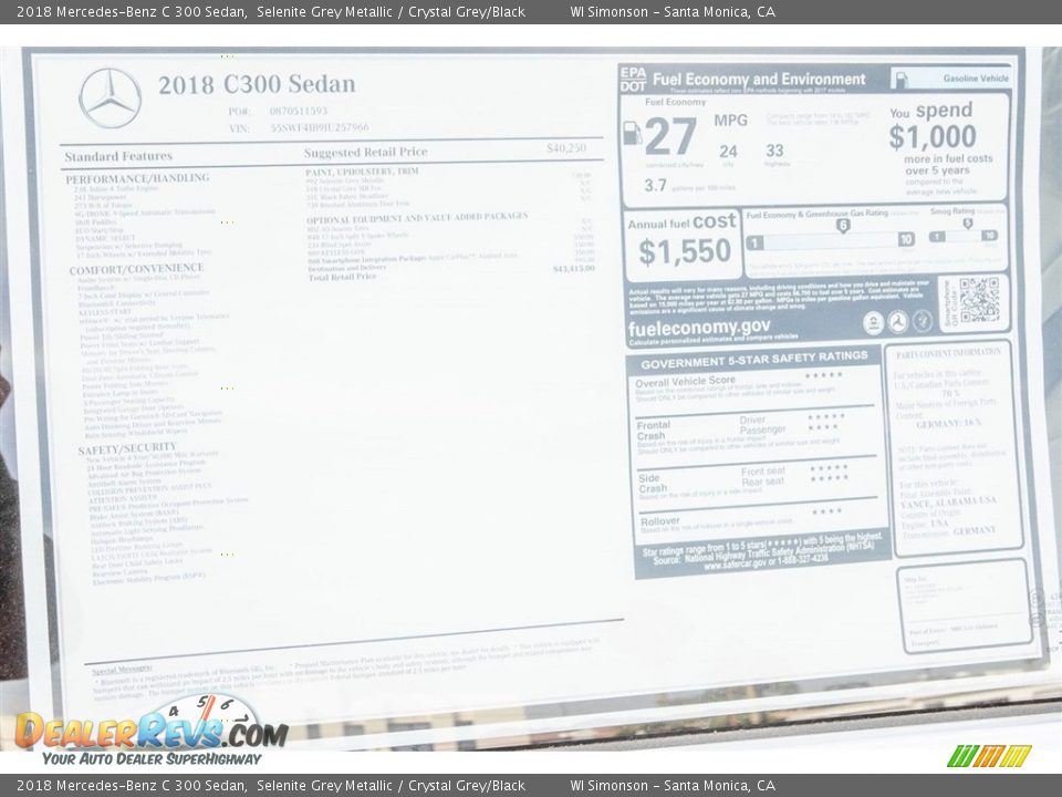2018 Mercedes-Benz C 300 Sedan Selenite Grey Metallic / Crystal Grey/Black Photo #11