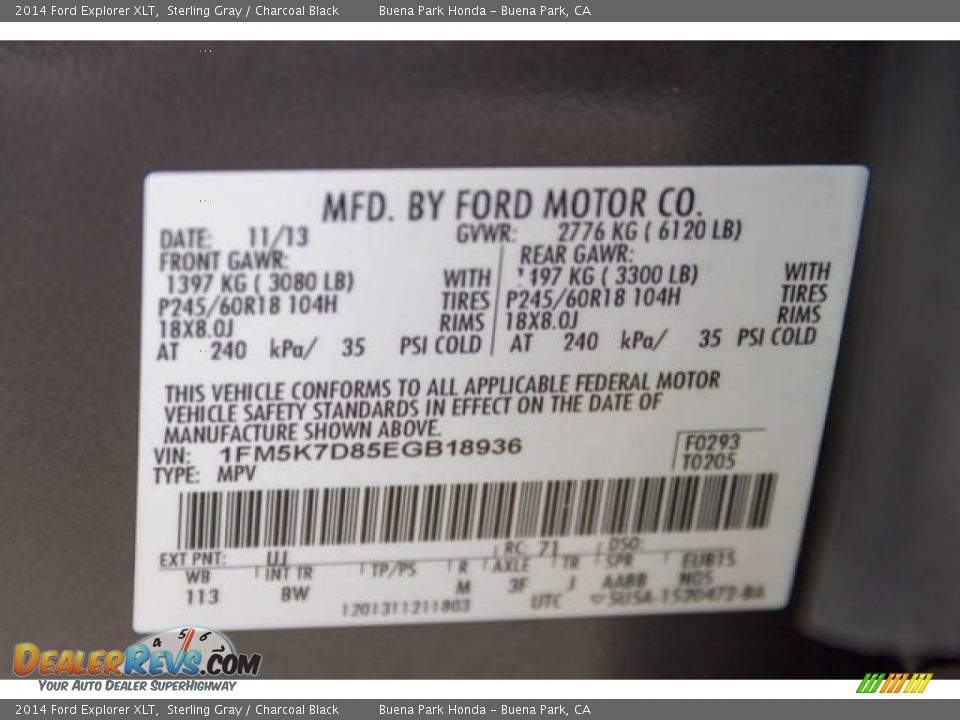 2014 Ford Explorer XLT Sterling Gray / Charcoal Black Photo #34