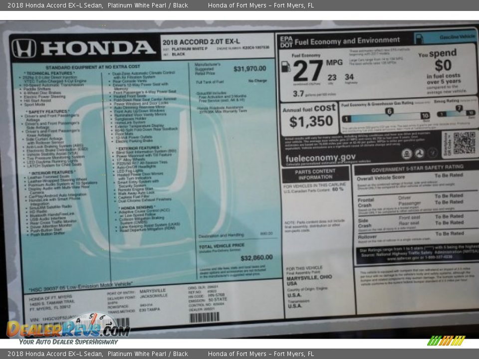 2018 Honda Accord EX-L Sedan Platinum White Pearl / Black Photo #27