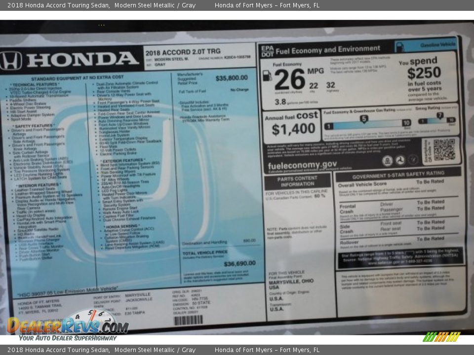 2018 Honda Accord Touring Sedan Modern Steel Metallic / Gray Photo #28