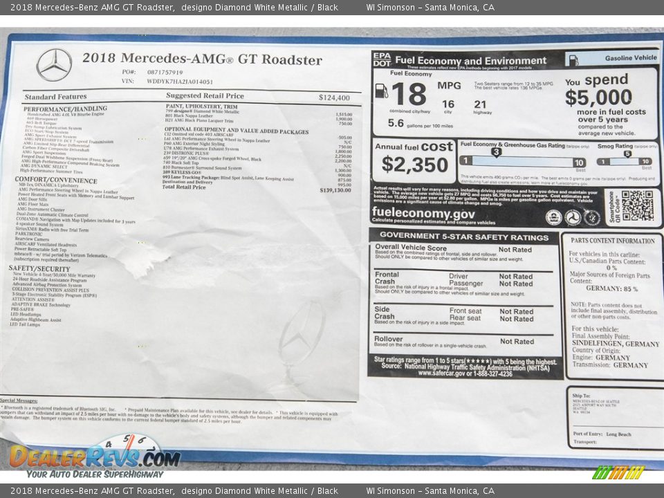 2018 Mercedes-Benz AMG GT Roadster Window Sticker Photo #12