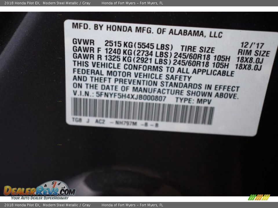 2018 Honda Pilot EX Modern Steel Metallic / Gray Photo #27