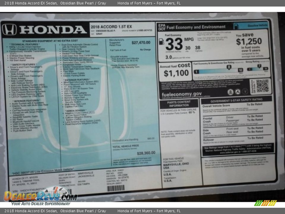 2018 Honda Accord EX Sedan Obsidian Blue Pearl / Gray Photo #26