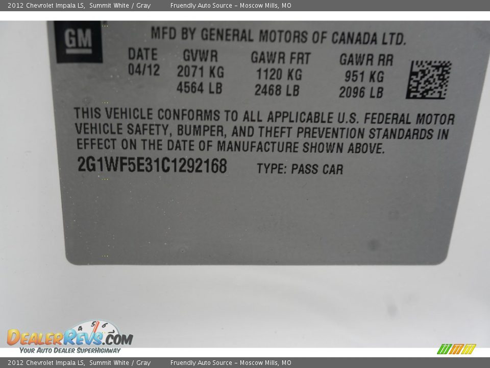 2012 Chevrolet Impala LS Summit White / Gray Photo #34