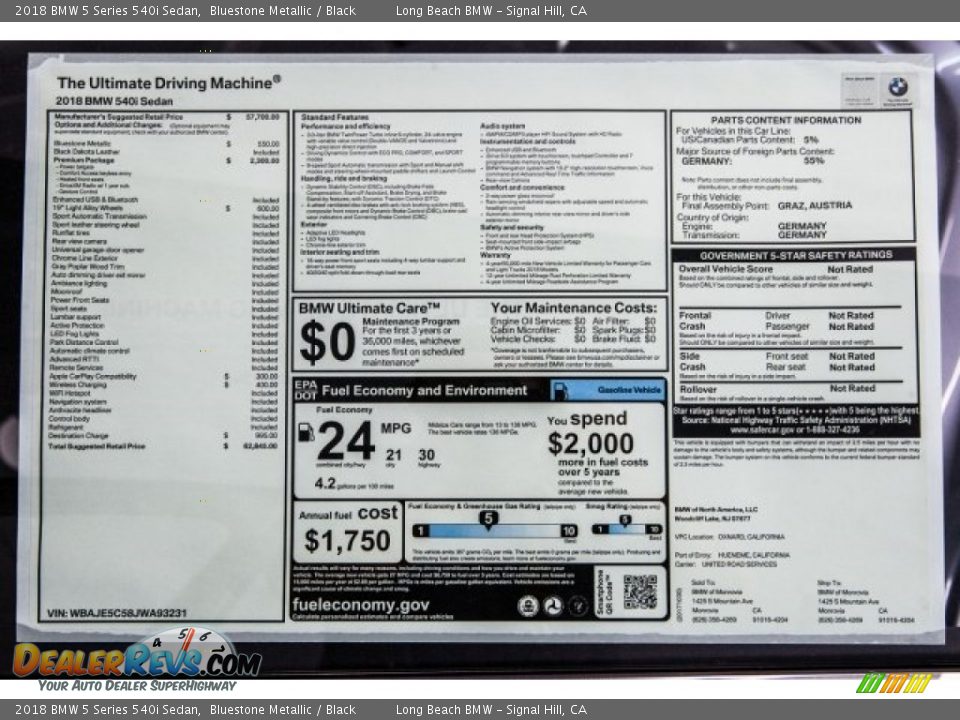 2018 BMW 5 Series 540i Sedan Bluestone Metallic / Black Photo #10