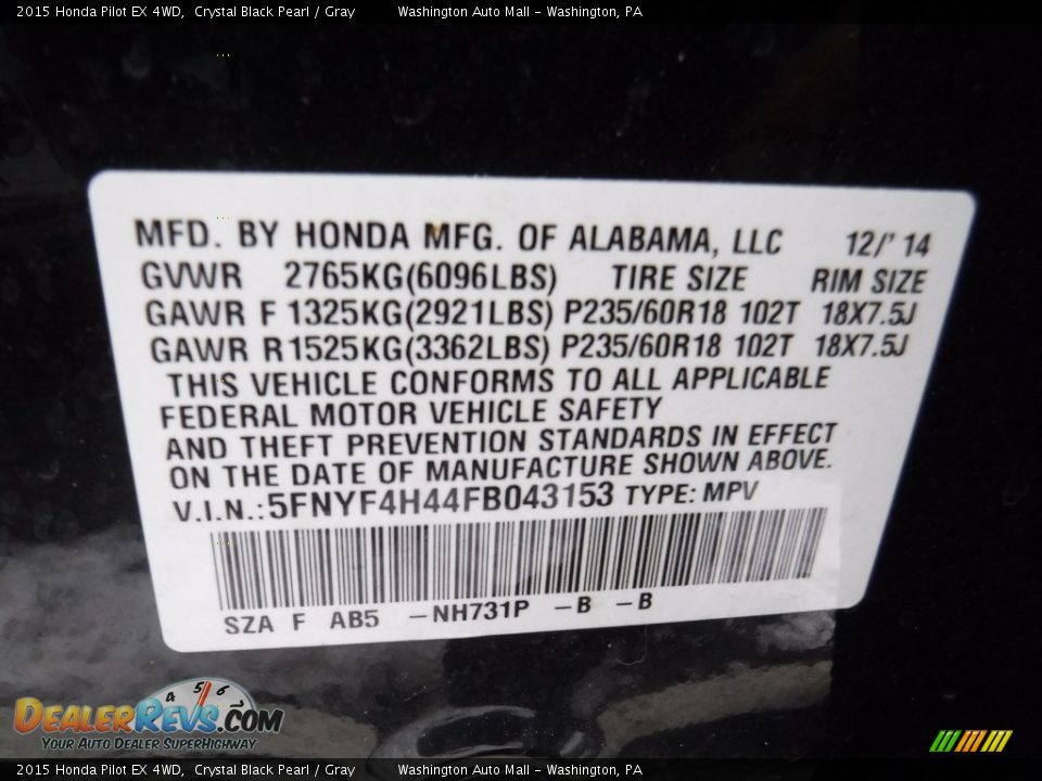 2015 Honda Pilot EX 4WD Crystal Black Pearl / Gray Photo #24