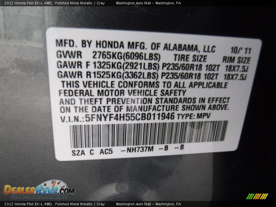 2012 Honda Pilot EX-L 4WD Polished Metal Metallic / Gray Photo #28