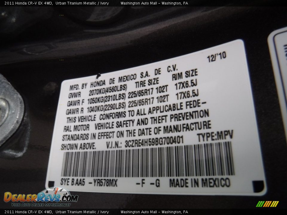 2011 Honda CR-V EX 4WD Urban Titanium Metallic / Ivory Photo #24