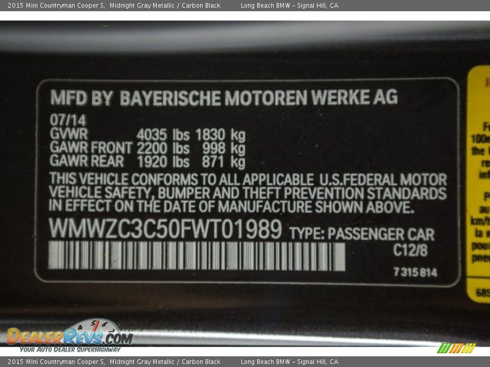 2015 Mini Countryman Cooper S Midnight Gray Metallic / Carbon Black Photo #17