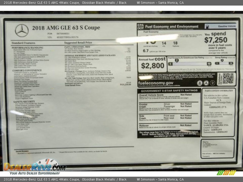 2018 Mercedes-Benz GLE 63 S AMG 4Matic Coupe Window Sticker Photo #12