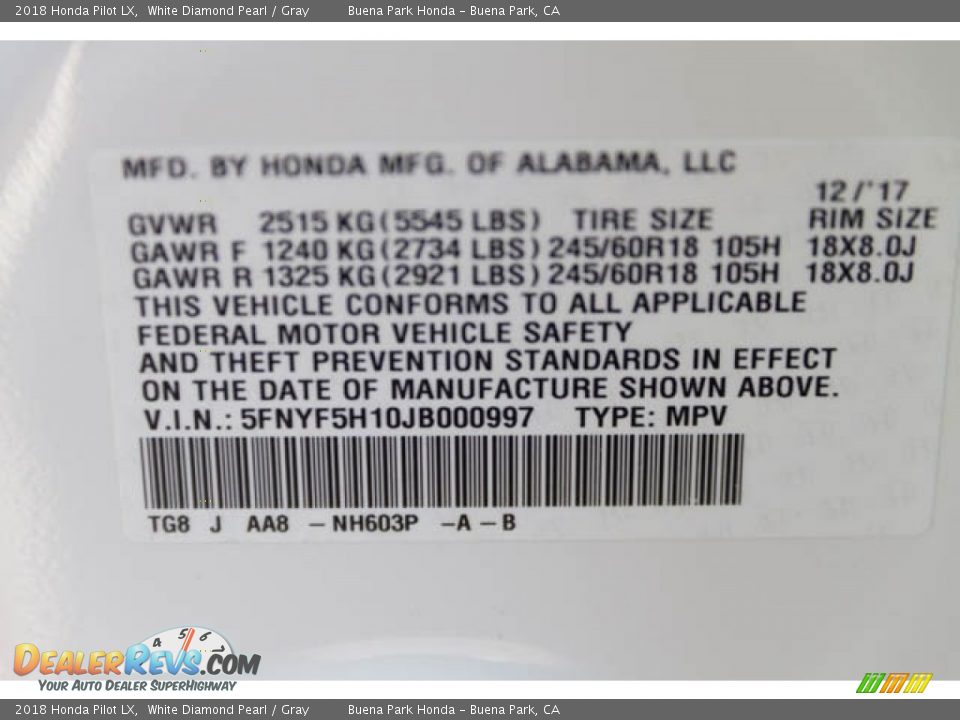 2018 Honda Pilot LX White Diamond Pearl / Gray Photo #7