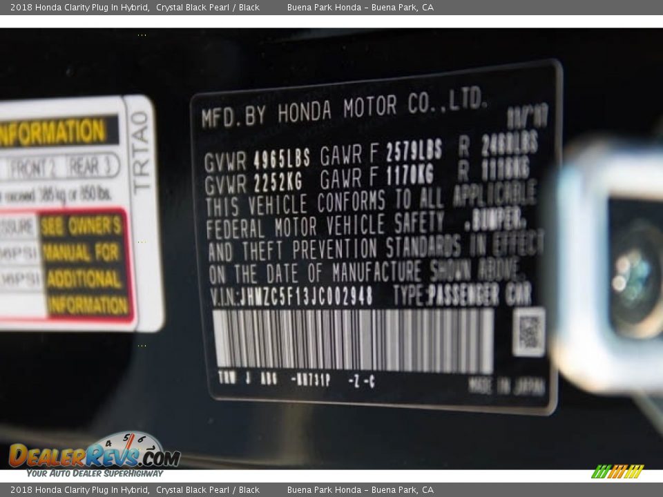 2018 Honda Clarity Plug In Hybrid Crystal Black Pearl / Black Photo #8