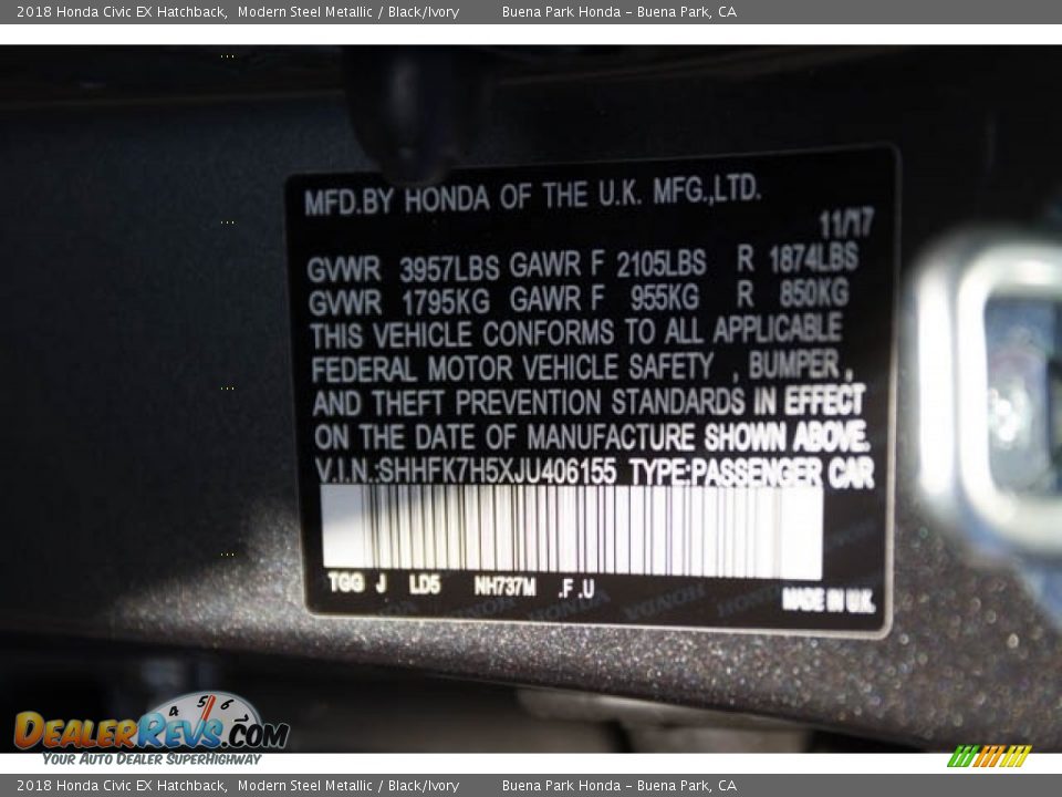 2018 Honda Civic EX Hatchback Modern Steel Metallic / Black/Ivory Photo #6