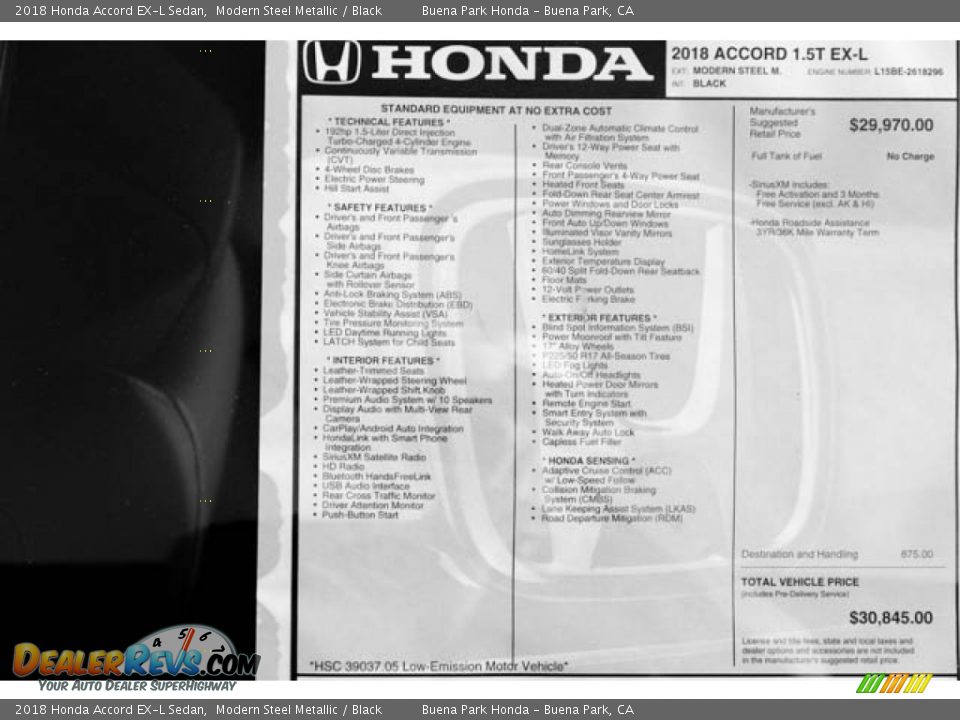2018 Honda Accord EX-L Sedan Modern Steel Metallic / Black Photo #16
