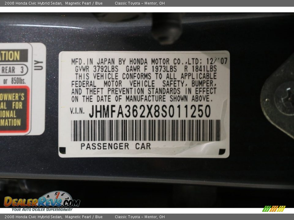 2008 Honda Civic Hybrid Sedan Magnetic Pearl / Blue Photo #17