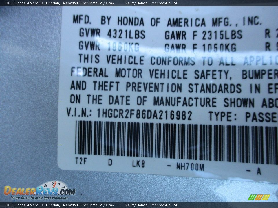 2013 Honda Accord EX-L Sedan Alabaster Silver Metallic / Gray Photo #20