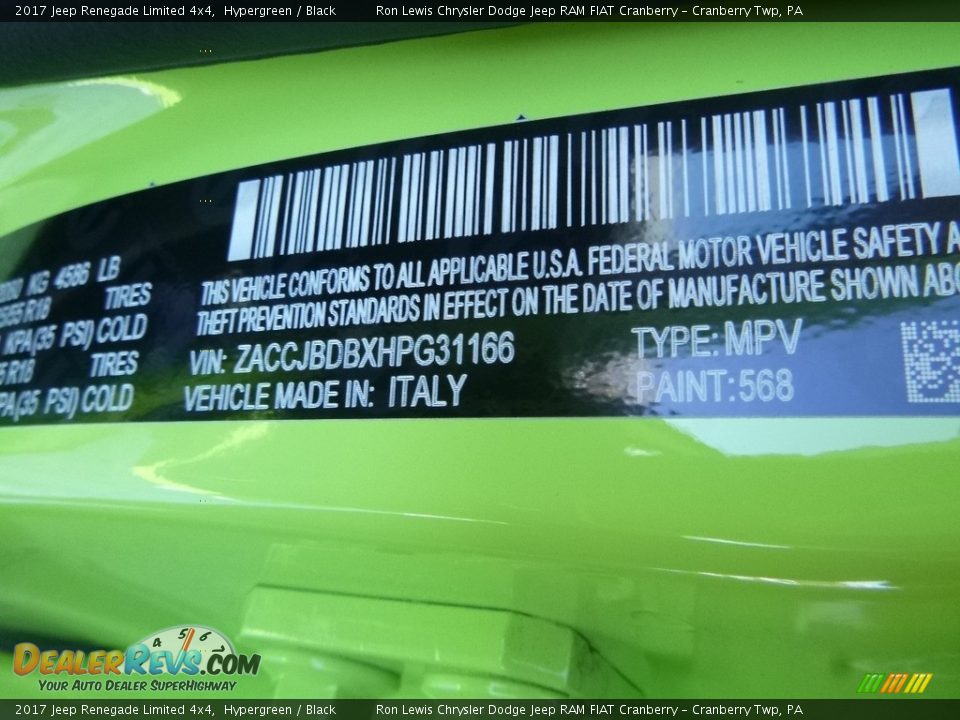 2017 Jeep Renegade Limited 4x4 Hypergreen / Black Photo #15