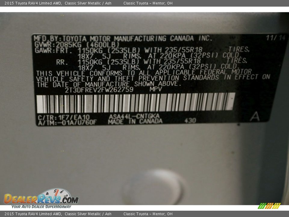 2015 Toyota RAV4 Limited AWD Classic Silver Metallic / Ash Photo #20