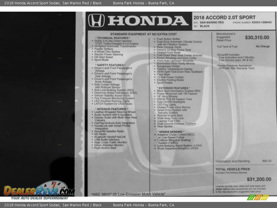 2018 Honda Accord Sport Sedan Window Sticker Photo #17