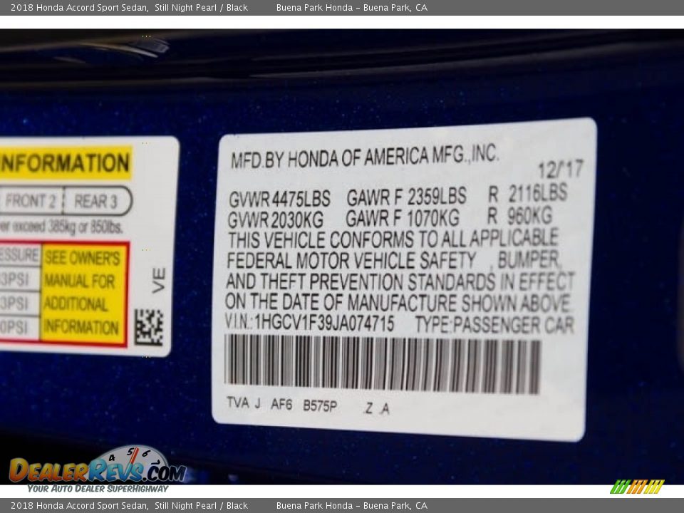 2018 Honda Accord Sport Sedan Still Night Pearl / Black Photo #18