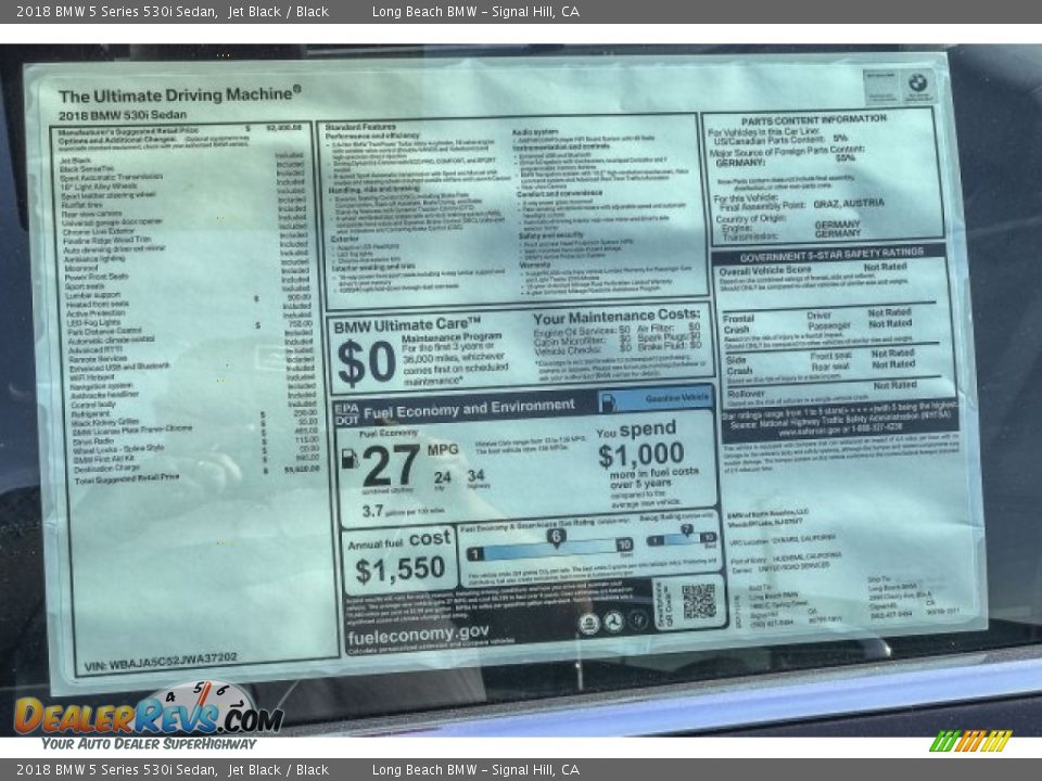 2018 BMW 5 Series 530i Sedan Jet Black / Black Photo #10