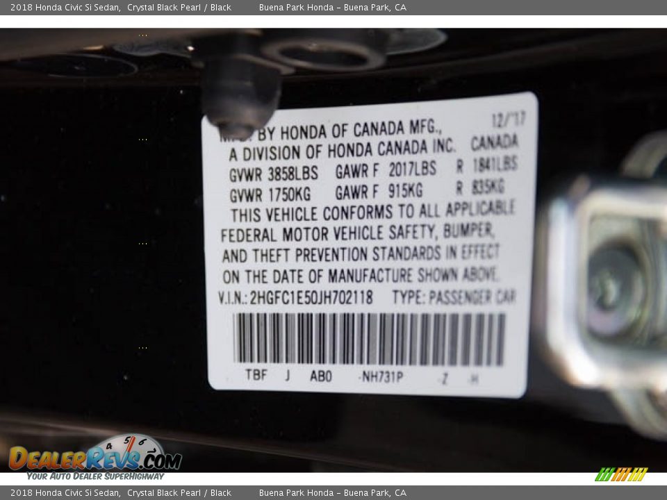 2018 Honda Civic Si Sedan Crystal Black Pearl / Black Photo #18
