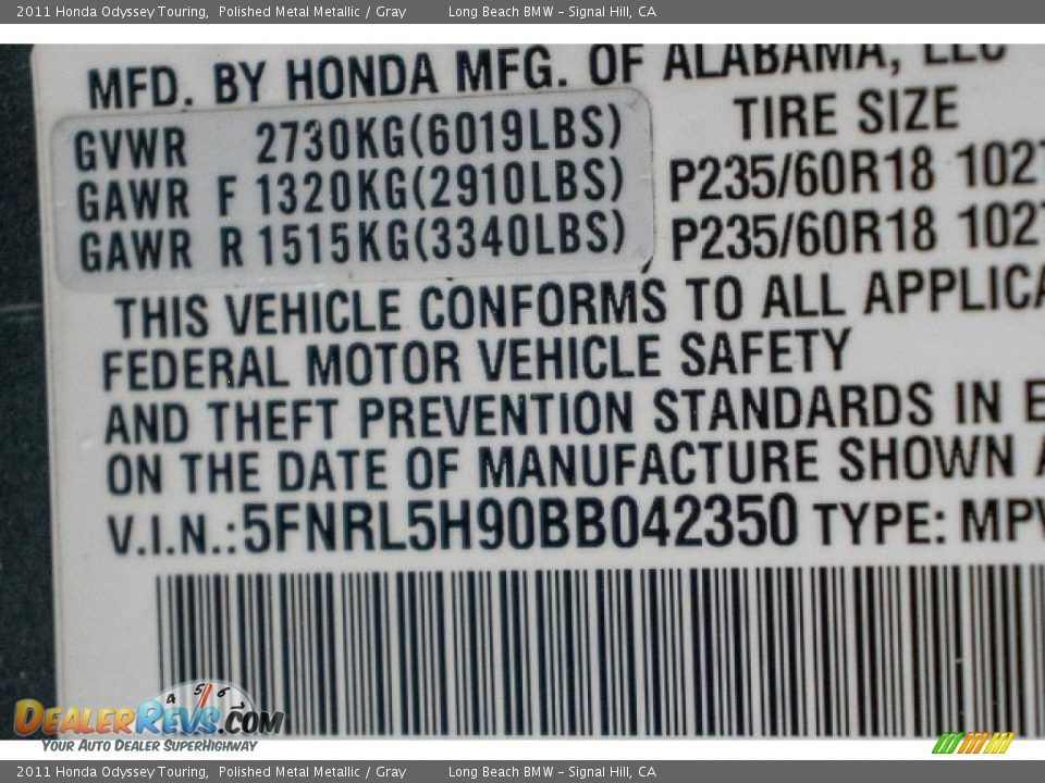 2011 Honda Odyssey Touring Polished Metal Metallic / Gray Photo #27