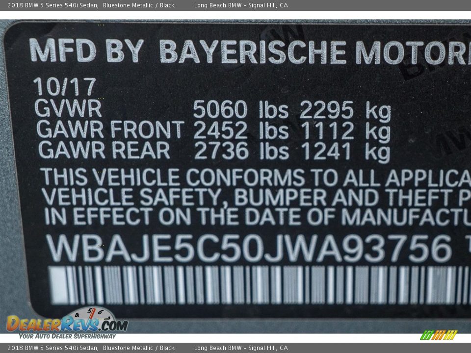 2018 BMW 5 Series 540i Sedan Bluestone Metallic / Black Photo #11