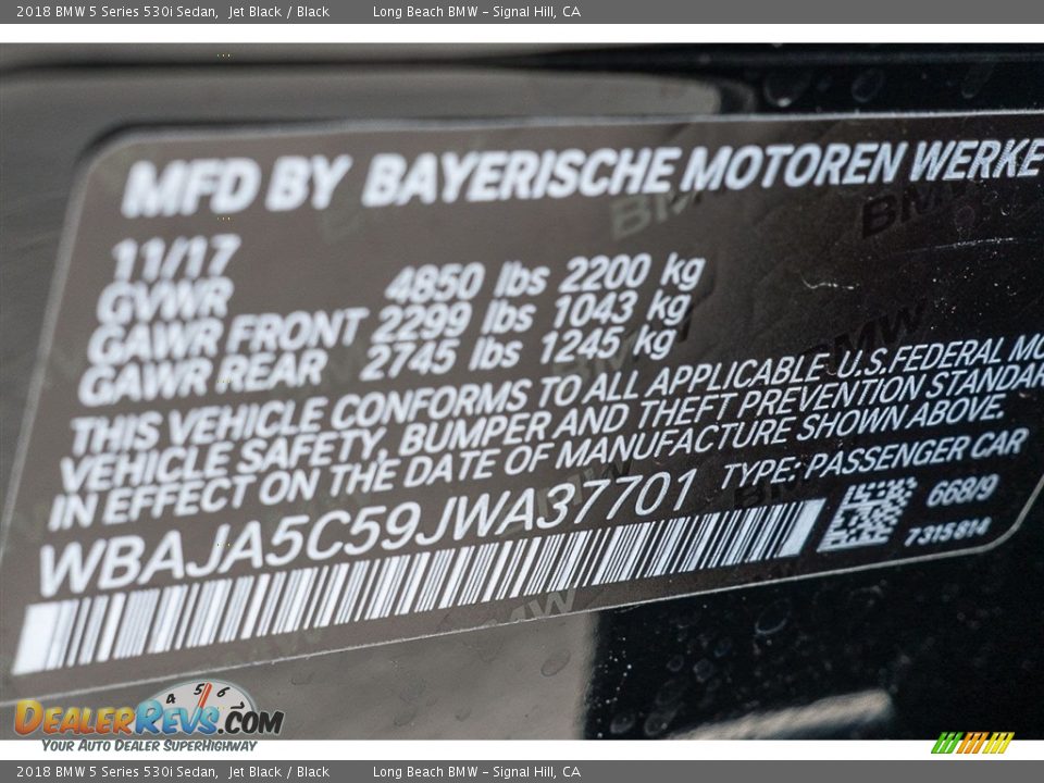 2018 BMW 5 Series 530i Sedan Jet Black / Black Photo #11