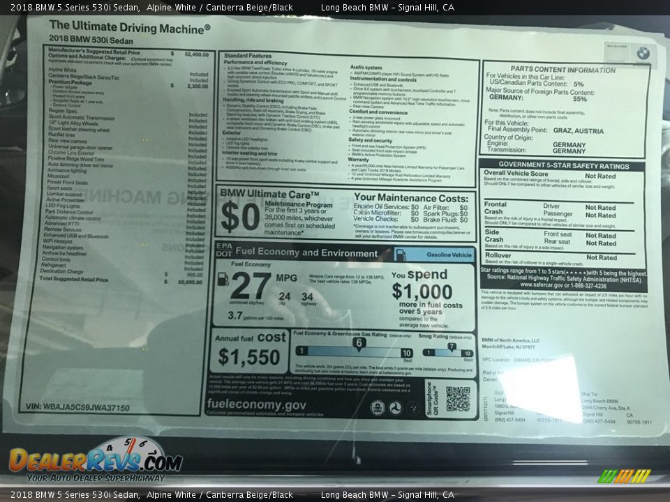 2018 BMW 5 Series 530i Sedan Window Sticker Photo #10