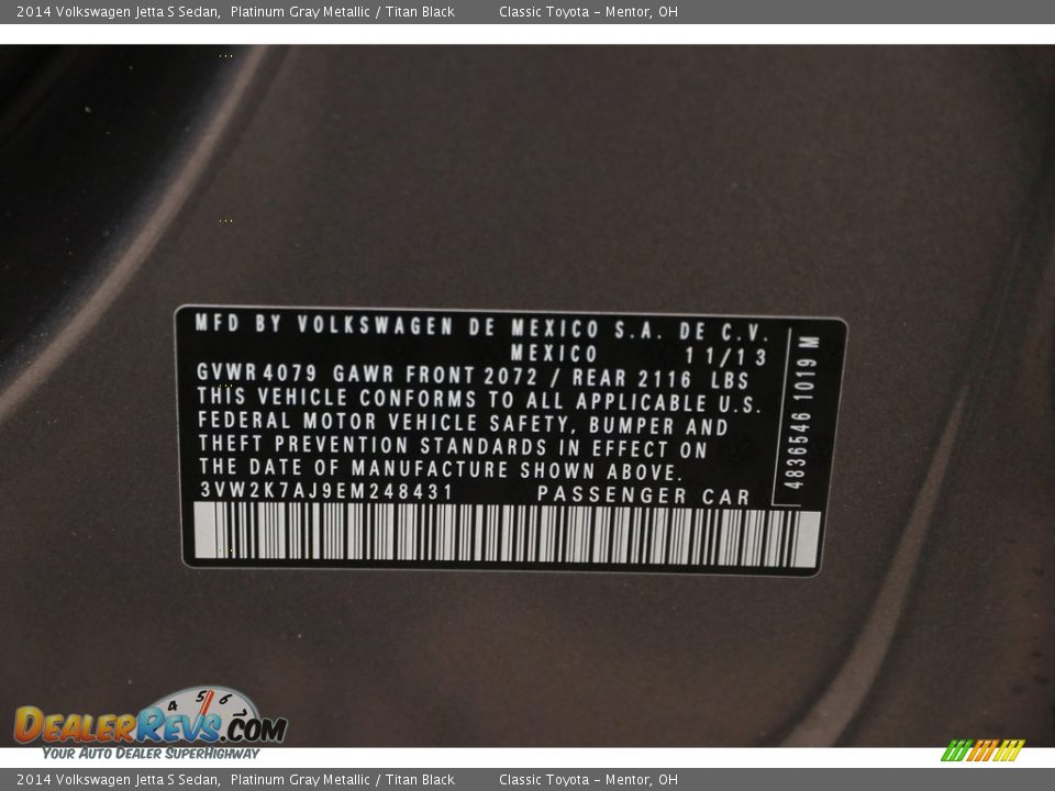 2014 Volkswagen Jetta S Sedan Platinum Gray Metallic / Titan Black Photo #16