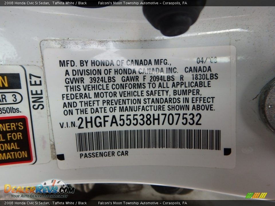 2008 Honda Civic Si Sedan Taffeta White / Black Photo #24