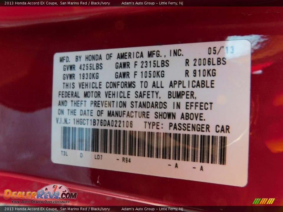 2013 Honda Accord EX Coupe San Marino Red / Black/Ivory Photo #10