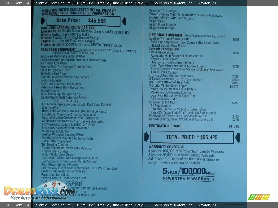 2017 Ram 1500 Laramie Crew Cab 4x4 Bright Silver Metallic / Black/Diesel Gray Photo #34