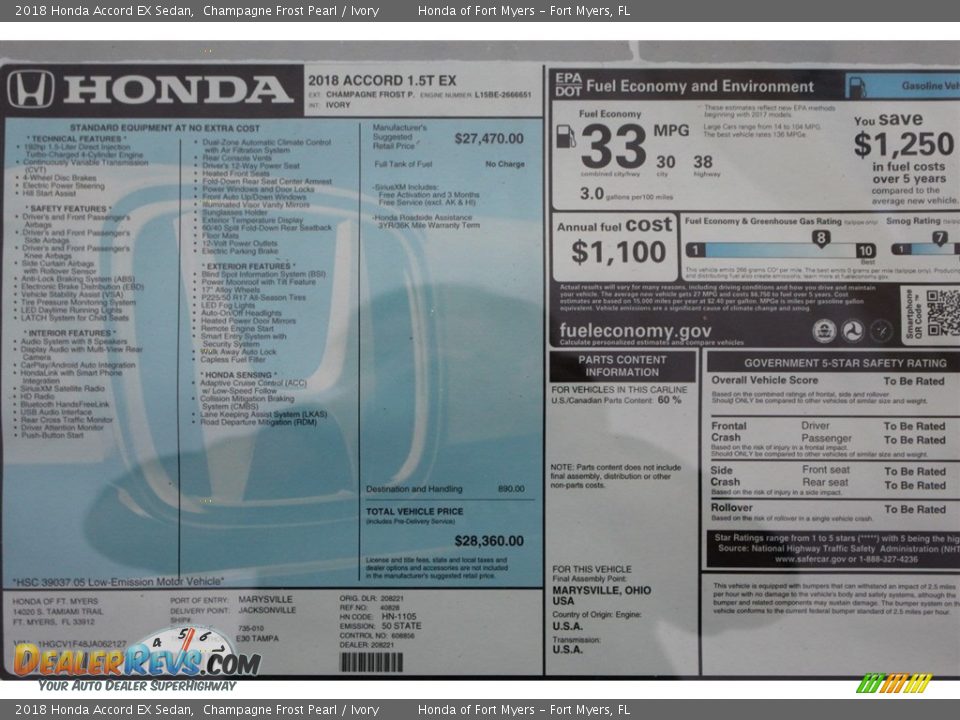 2018 Honda Accord EX Sedan Champagne Frost Pearl / Ivory Photo #33