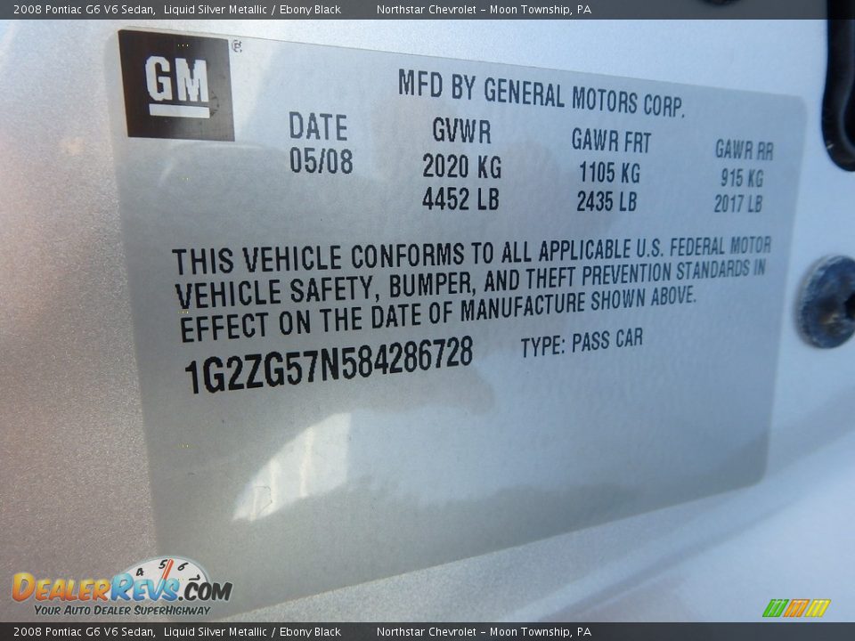 2008 Pontiac G6 V6 Sedan Liquid Silver Metallic / Ebony Black Photo #14