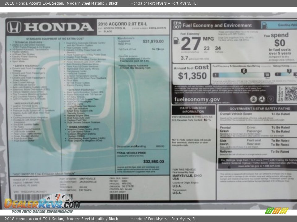 2018 Honda Accord EX-L Sedan Window Sticker Photo #32