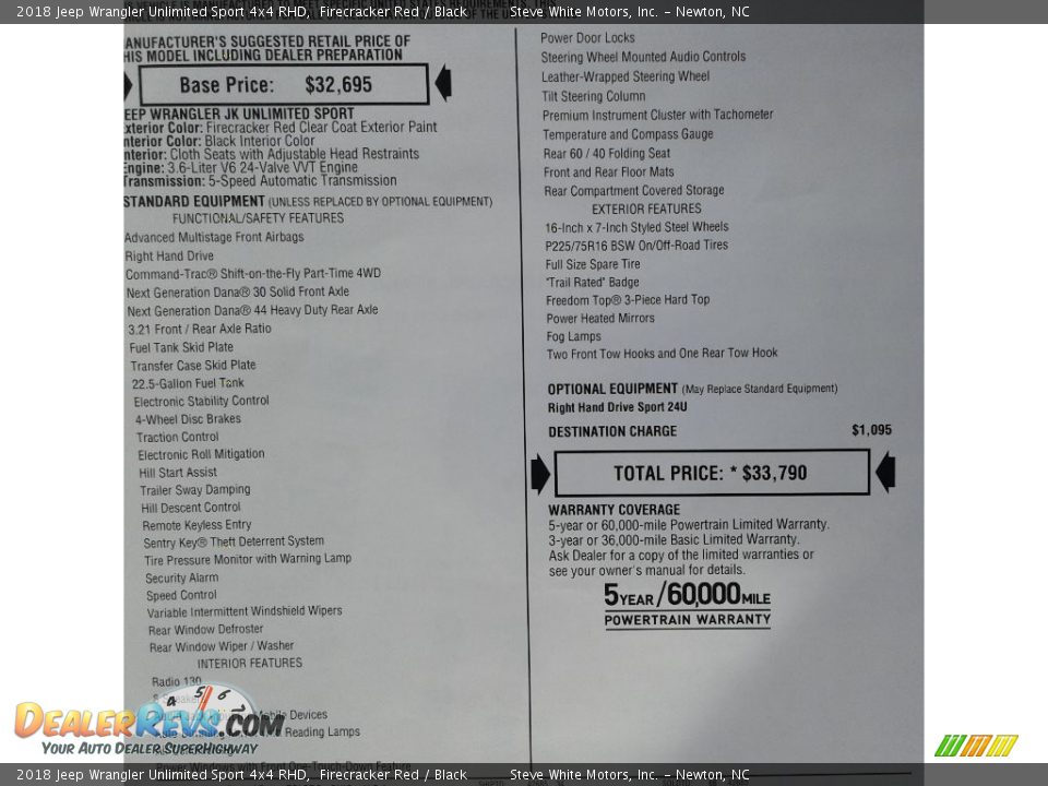 2018 Jeep Wrangler Unlimited Sport 4x4 RHD Window Sticker Photo #26