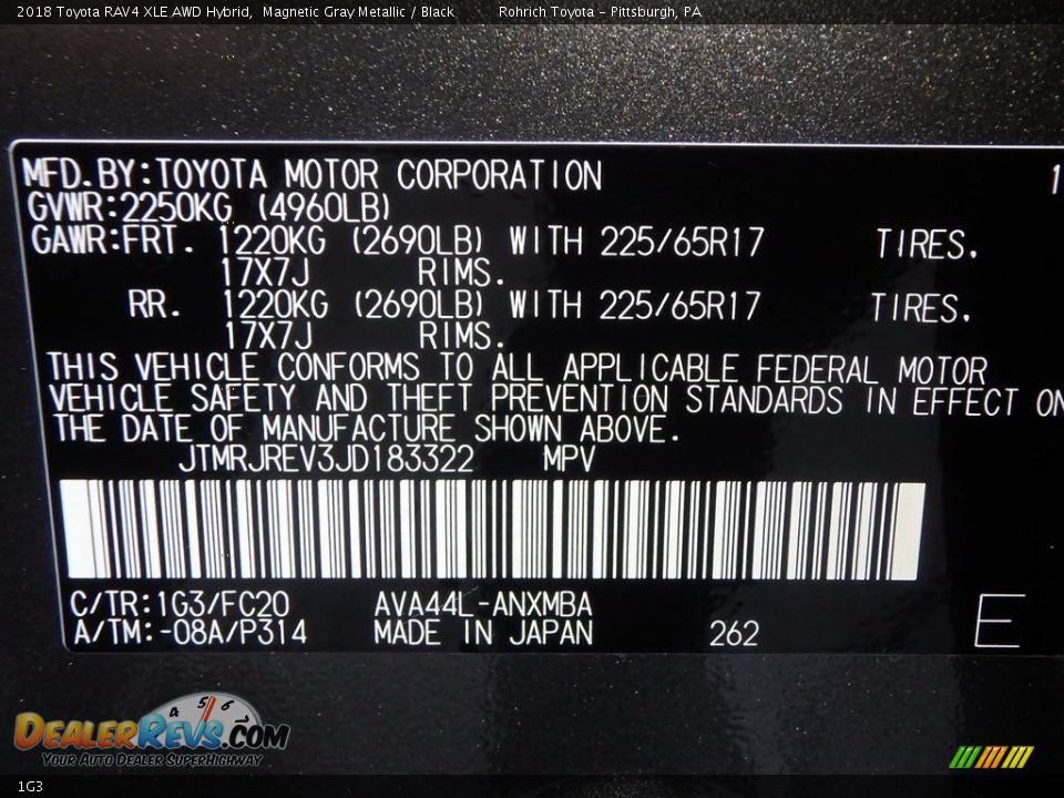 Toyota Color Code 1G3 Magnetic Gray Metallic