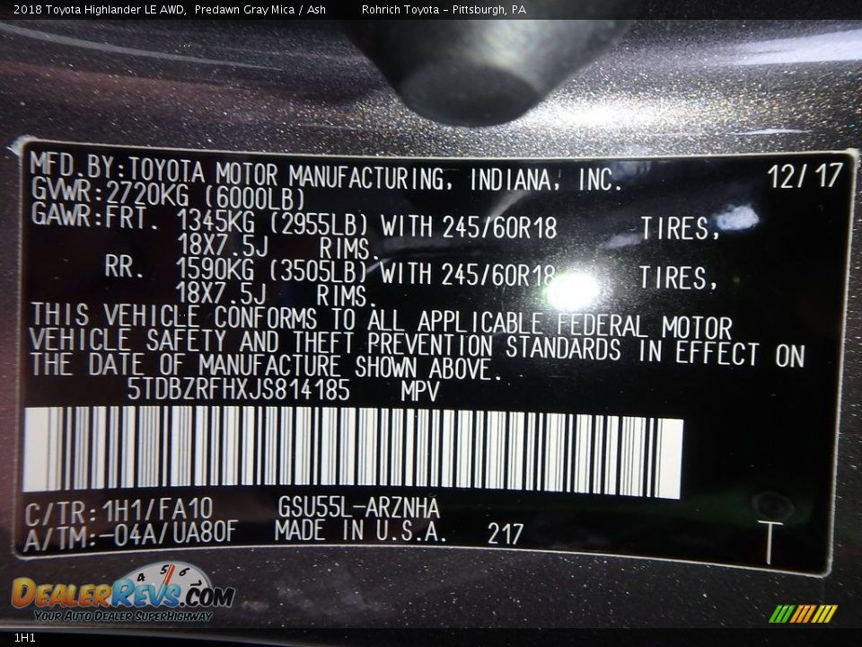 Toyota Color Code 1H1 Predawn Gray Mica