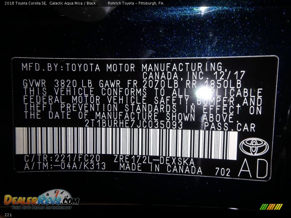 Toyota Color Code 221 Galactic Aqua Mica