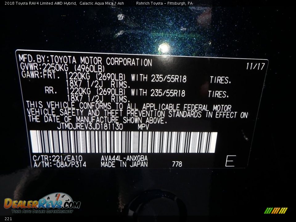 Toyota Color Code 221 Galactic Aqua Mica