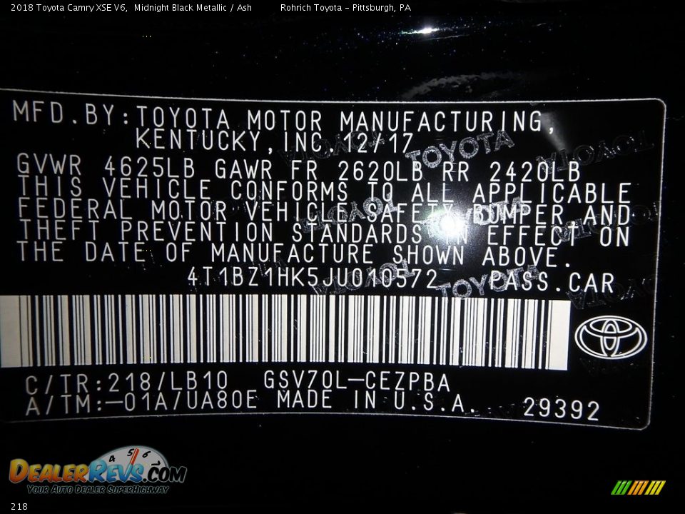 Toyota Color Code 218 Midnight Black Metallic